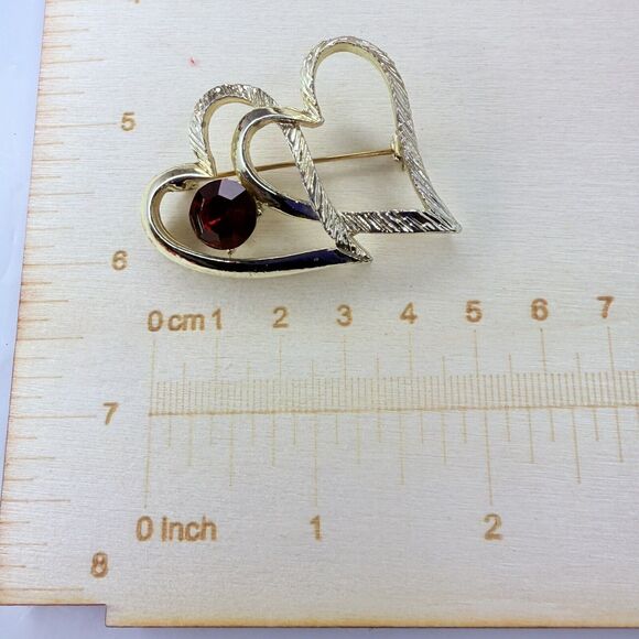 Vintage Red Crystal Double Heart Brooch 2" Valentine Love Silver Tone - Picture 15 of 15